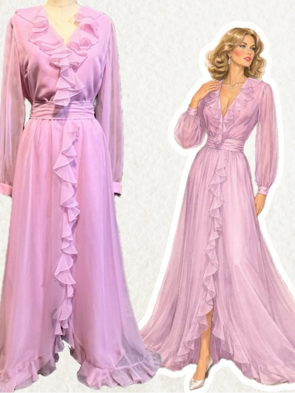 VINTAGE 70s chiffon formal prom gown dress frilly‎ ruffles pink sheer princess